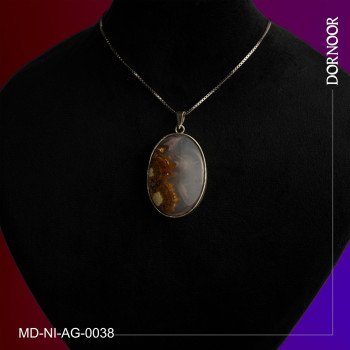 مدال عقیق شجر دست ساز با قاب و گیره نقره 0038